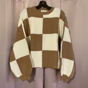 Cozy Chunky Checkered Knit Sweater w/Balloon Sleeves